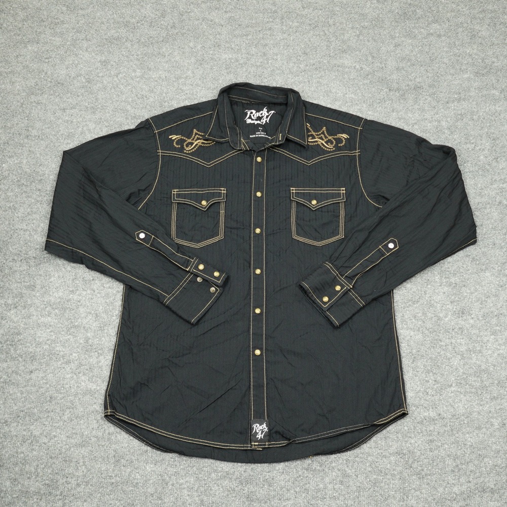Wrangler Shirt Mens Large Black Rock 47 Embroidered Western Pearl Snap Slim Fit